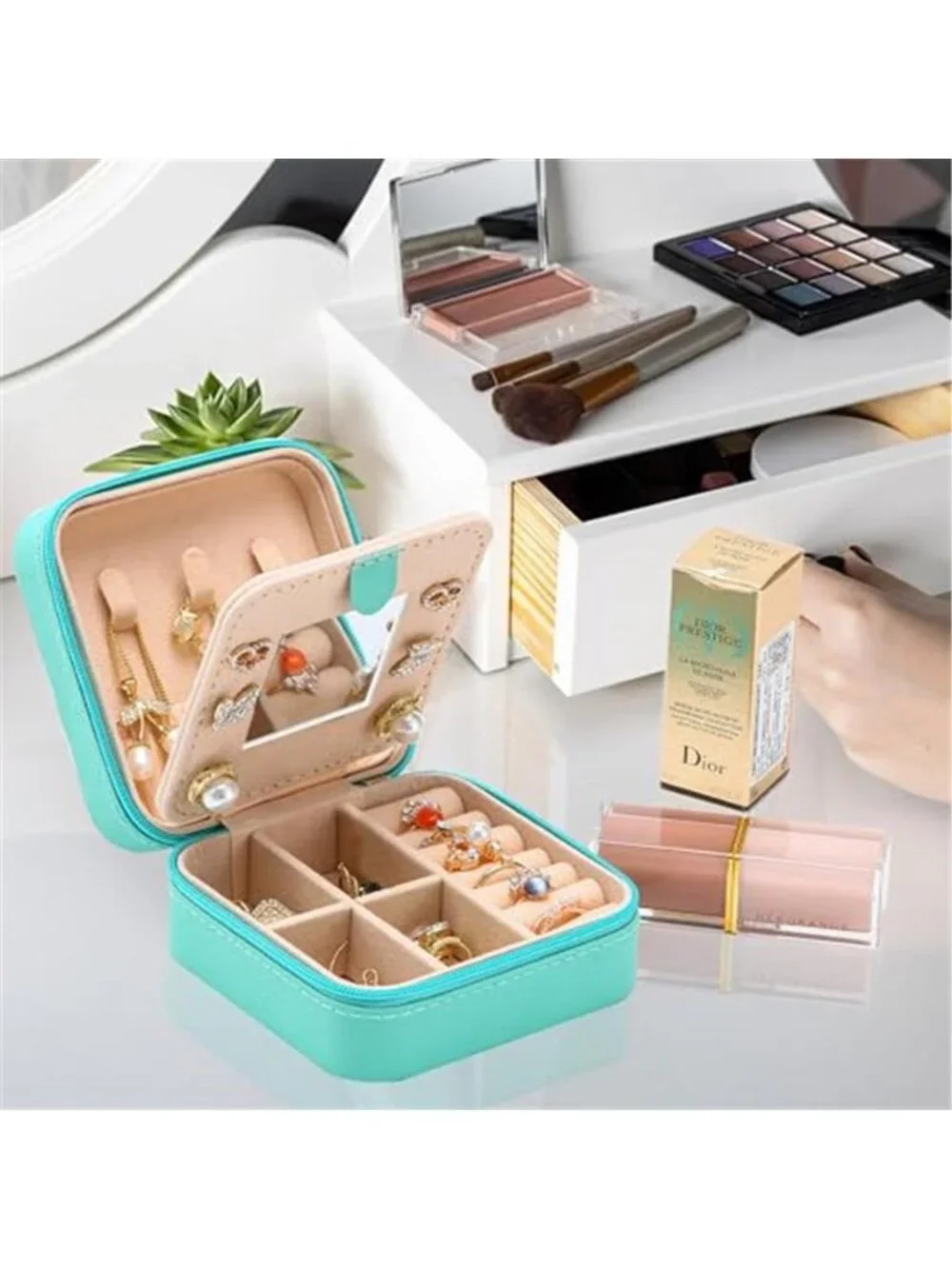 Travel Jewelry Box Organizer Case Mirror Ring Earring Necklace Storage Blue